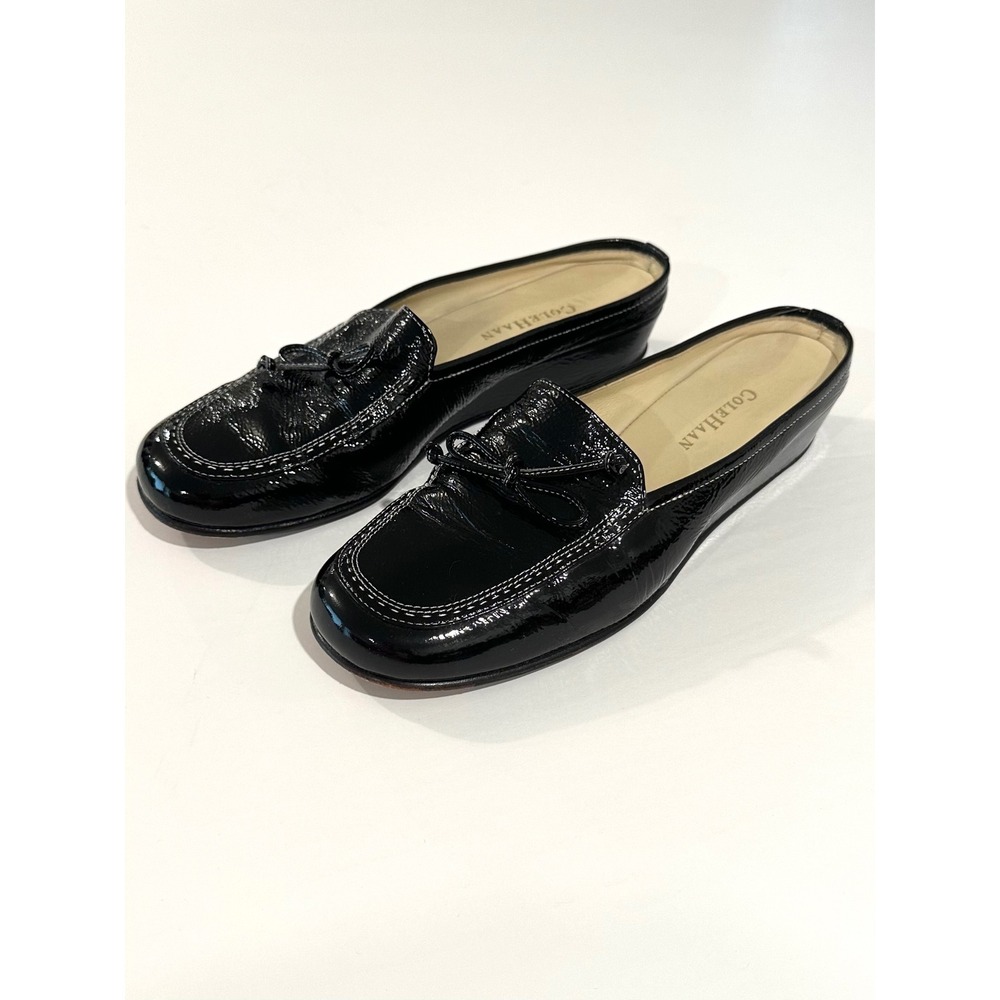 Cole Haan Black Patent Leather Wedge Mule Loafers Bow Detail Womens 9.5B